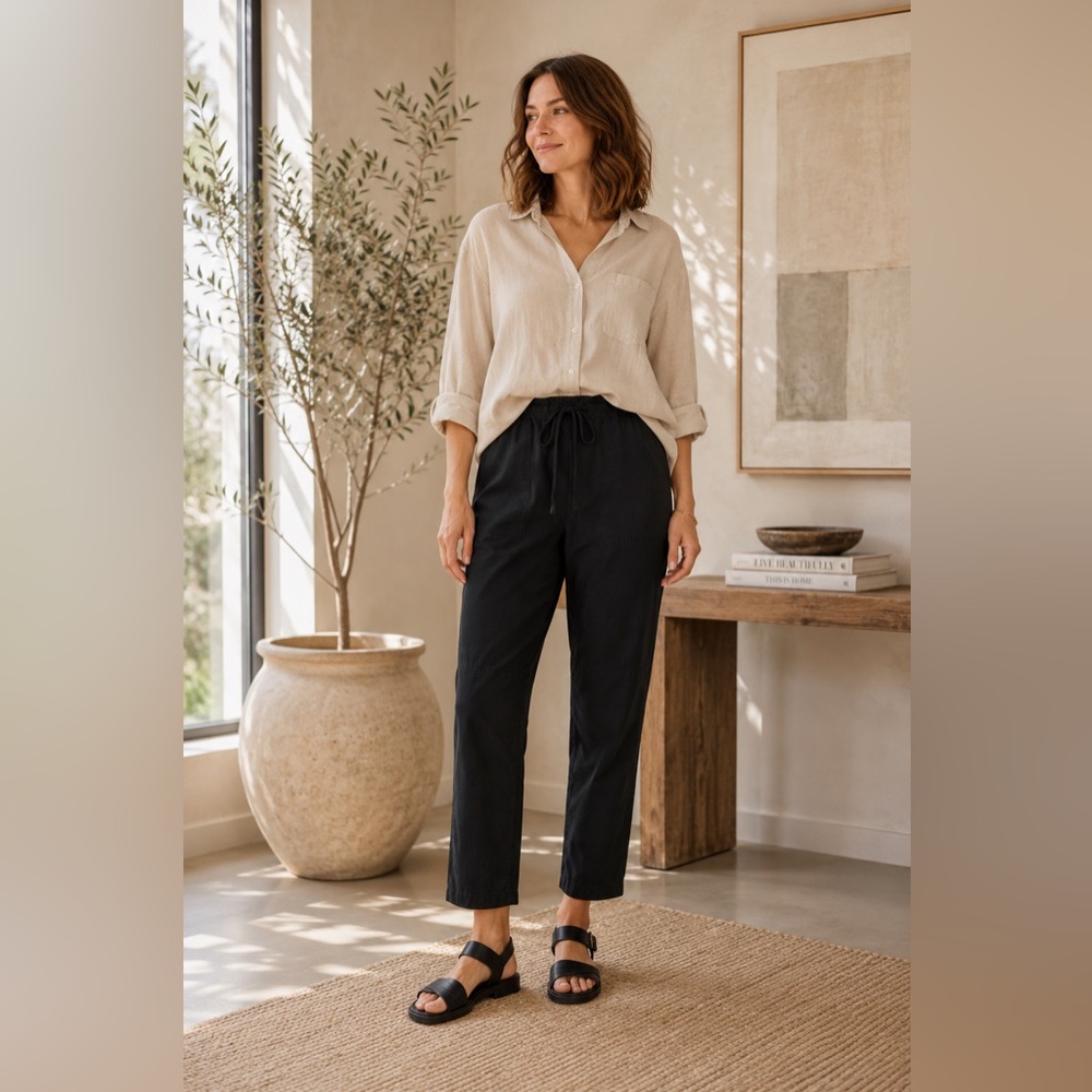 Eileen Fisher Organic Cotton Pull On Pants XS Black Elastic Waist Relaxed Fit